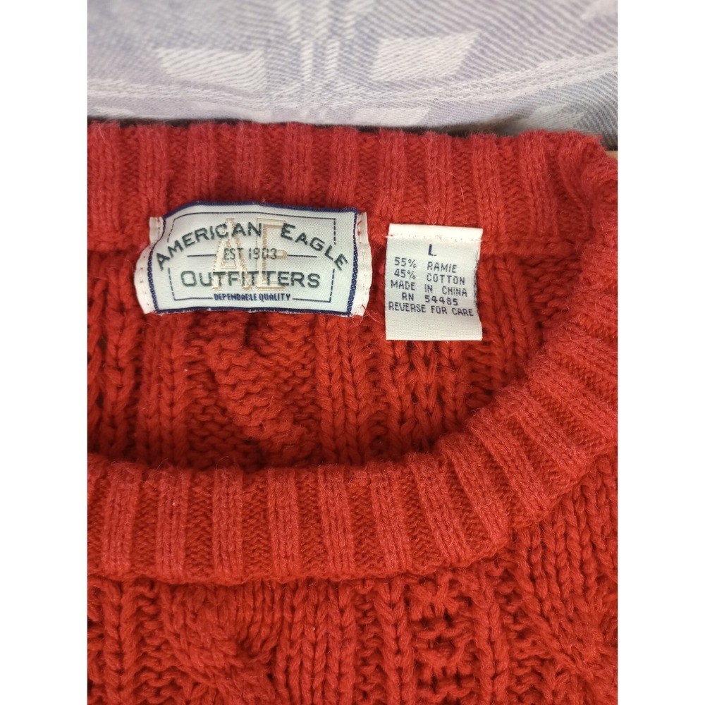 VINTAGE American Eagle Crewneck Cable Knit Sweater Mens Large Red Classic